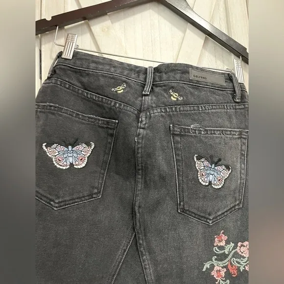 GRLFRND Denim  Eva Mini Skirt Floral Embroidered Raw Hem