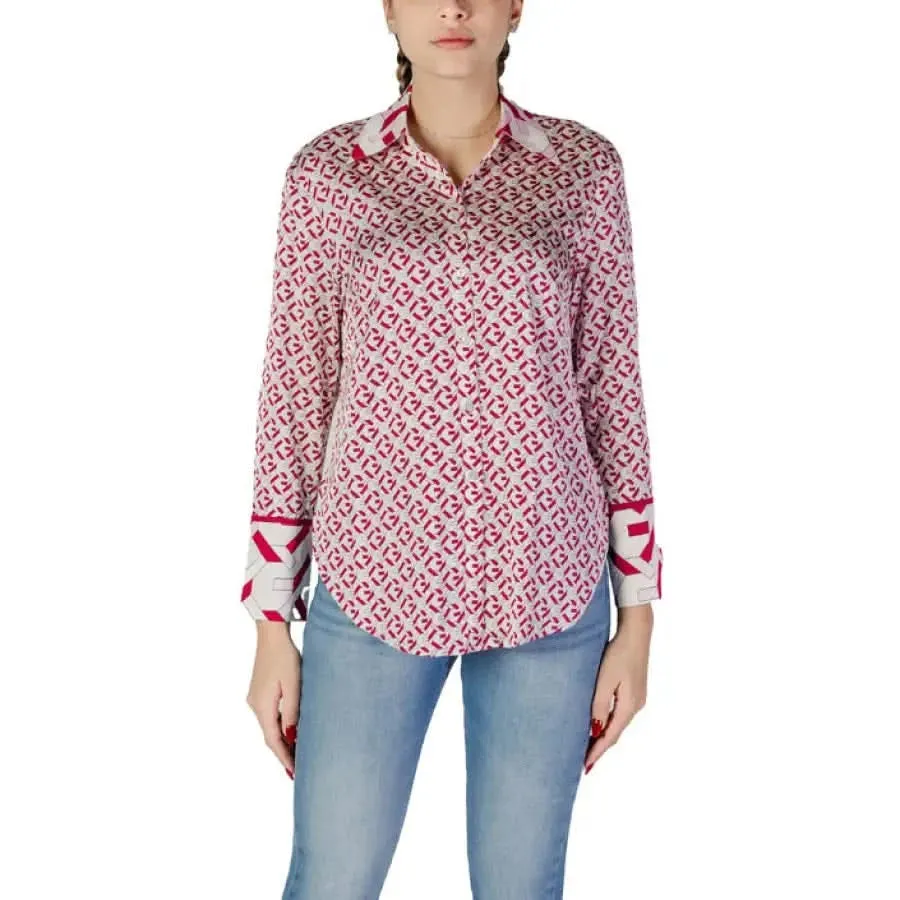 Guess Women's Pink Geometric V-Neck Long Sleeve Shirt