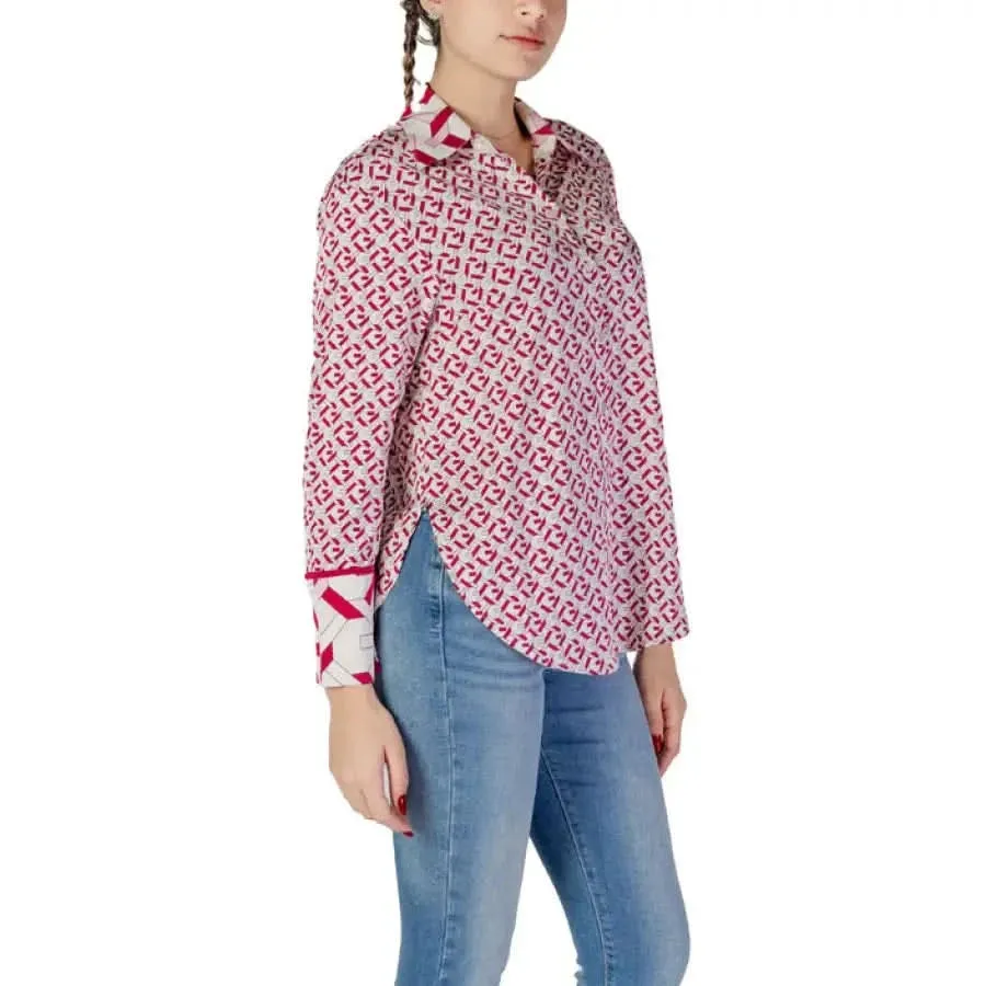 Guess Women's Pink Geometric V-Neck Long Sleeve Shirt