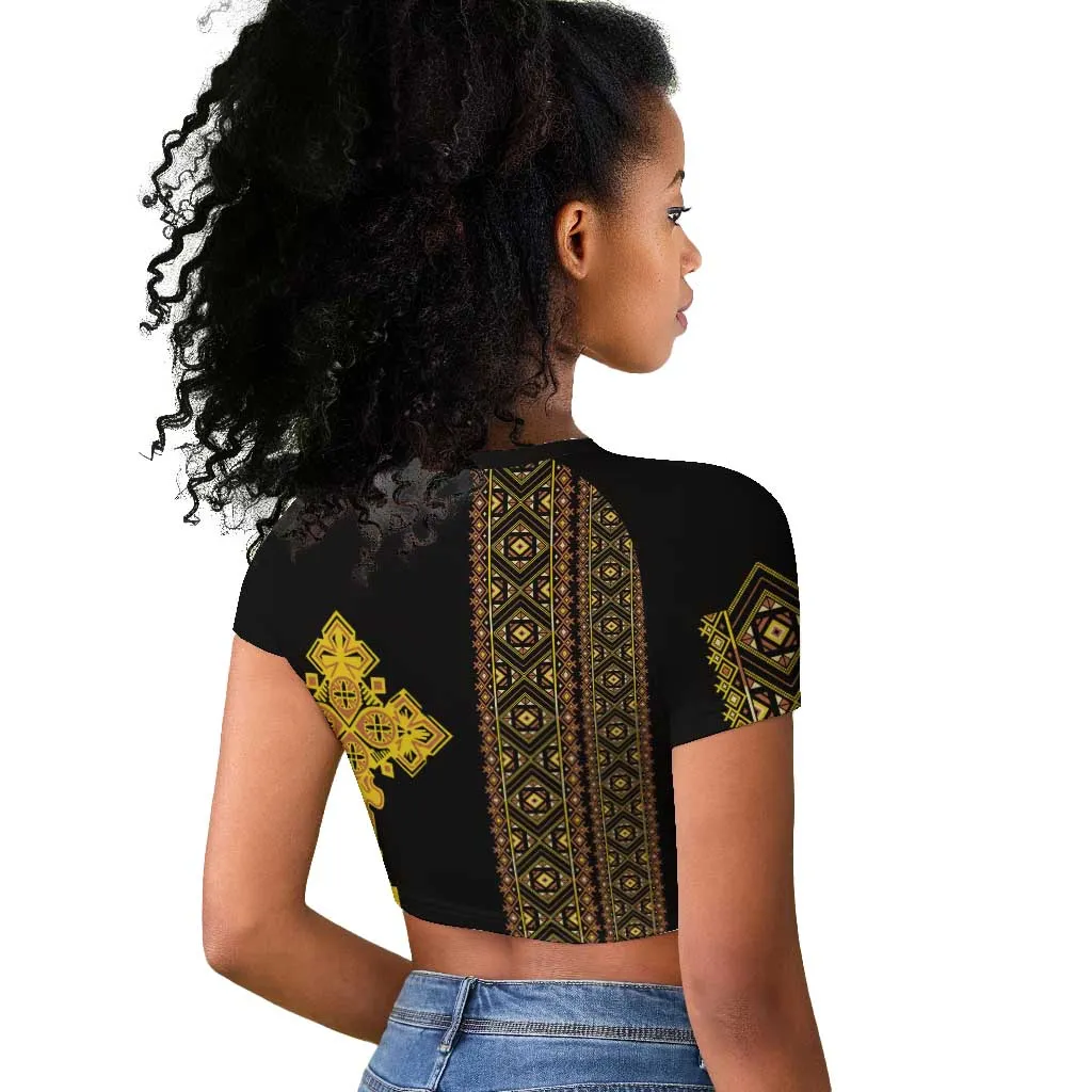 Habesha Motifs Ethiopia Raglan Cropped T shirt Tilet Black Gold LT7