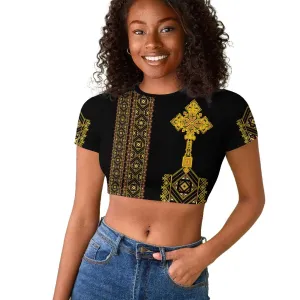 Habesha Motifs Ethiopia Raglan Cropped T shirt Tilet Black Gold LT7
