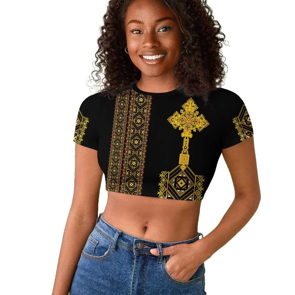 Habesha Motifs Ethiopia Raglan Cropped T shirt Tilet Black Gold LT7