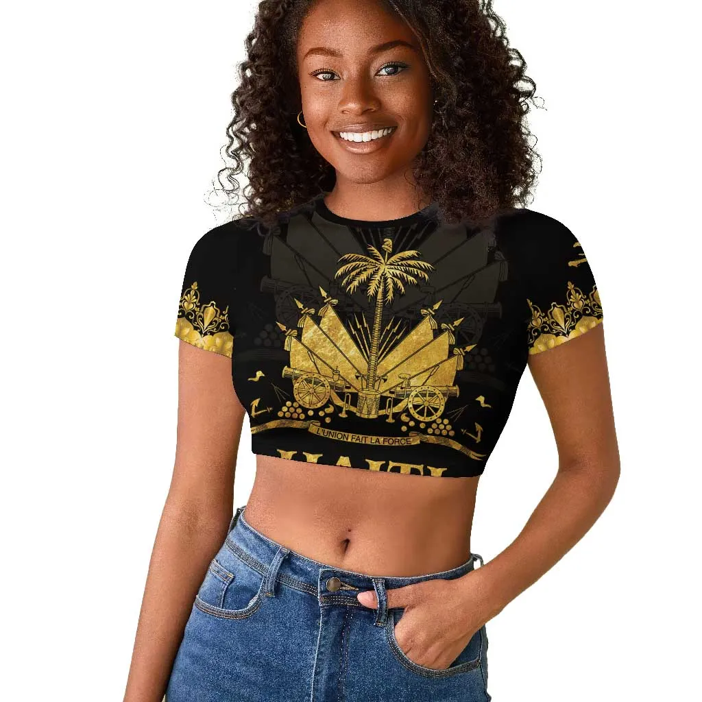 Haiti Neg Marron Raglan Cropped T shirt Lespwa pa anyen san aksyon - Gold LT01