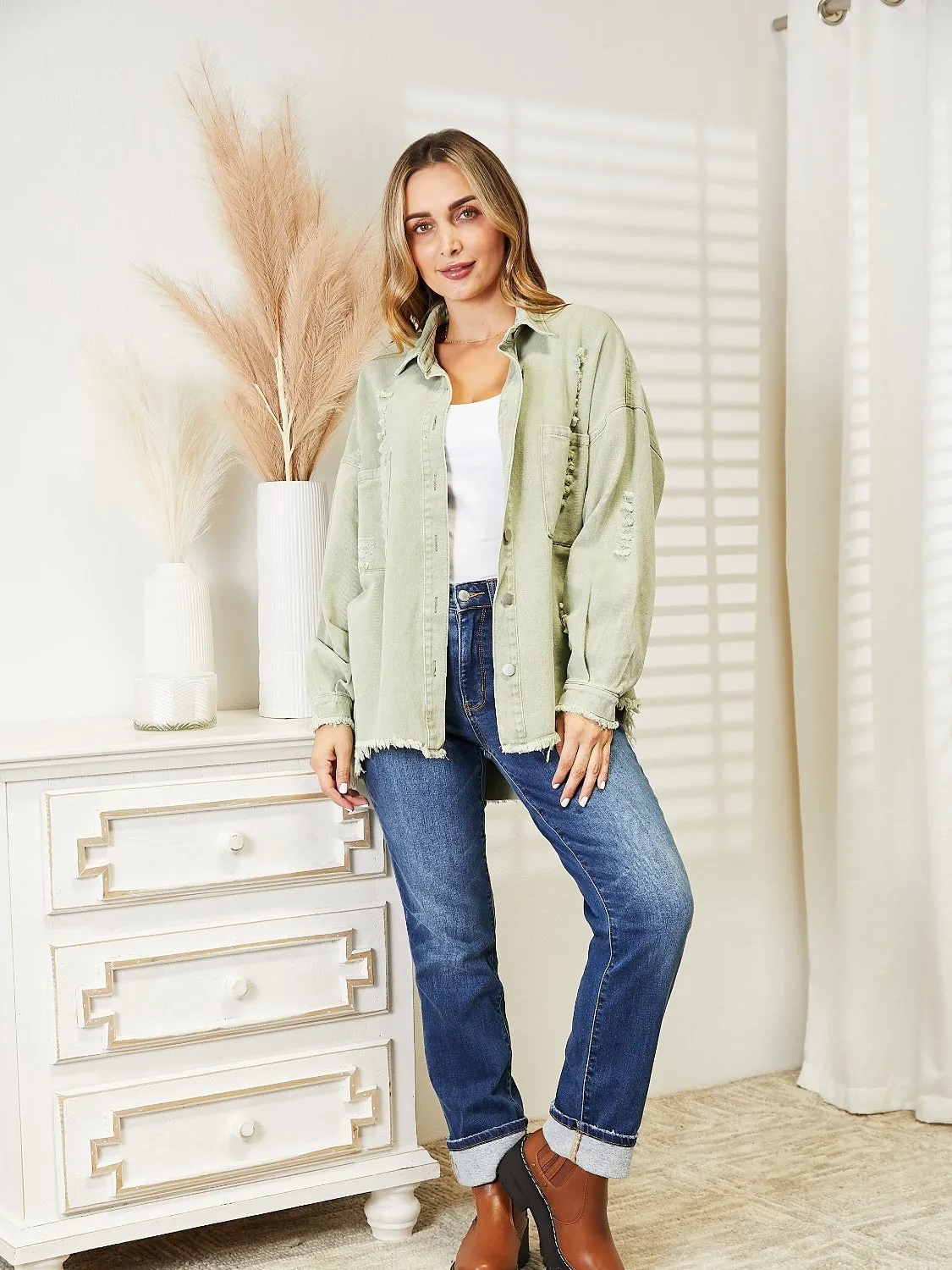 Halle Distressed Raw Hem Denim Jacket