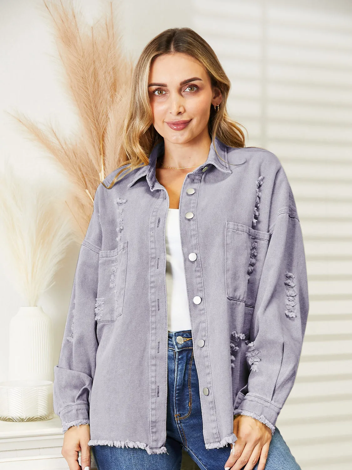 Halle Distressed Raw Hem Denim Jacket