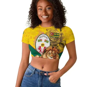 Happy Togo Independence Day Raglan Cropped T shirt Lion With Coat Of Arms - Kente Pattern LT15