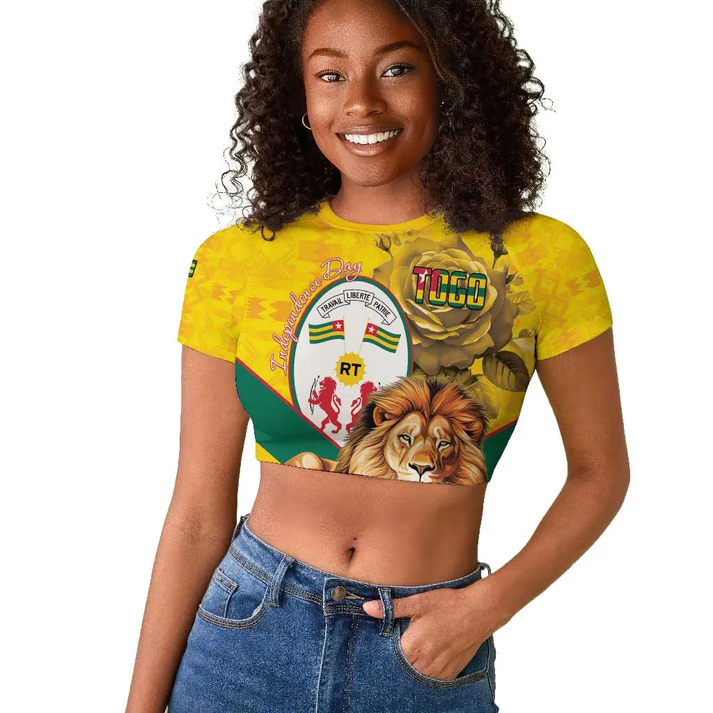 Happy Togo Independence Day Raglan Cropped T shirt Lion With Coat Of Arms - Kente Pattern LT15