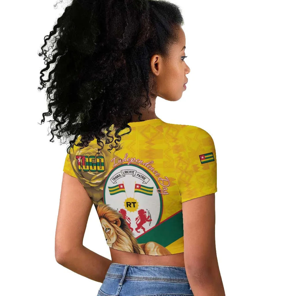 Happy Togo Independence Day Raglan Cropped T shirt Lion With Coat Of Arms - Kente Pattern LT15