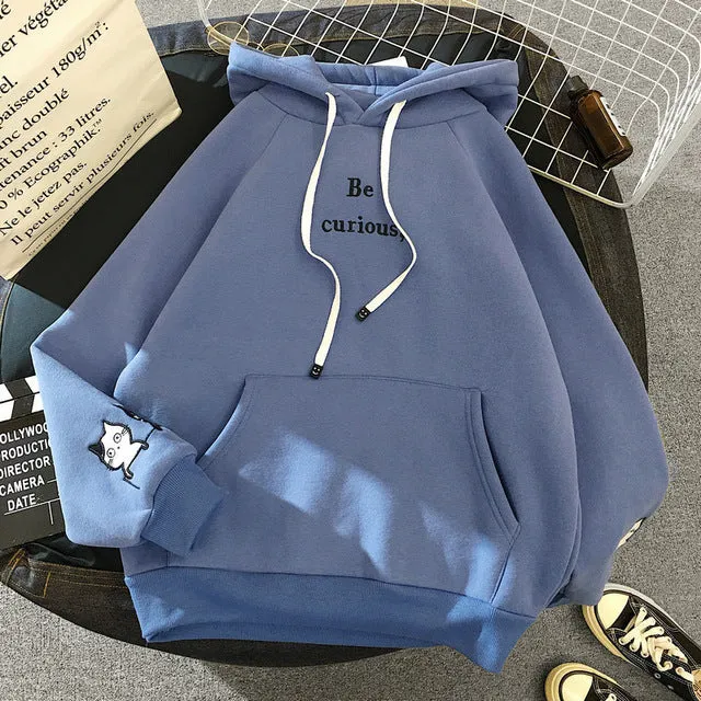Harajuku Cat Printed Long Sleeve Hoodies Women Winter Autumn Plush Fleece Hooded Sweatshirt Cute Patchwork Pockets Pullover Tops