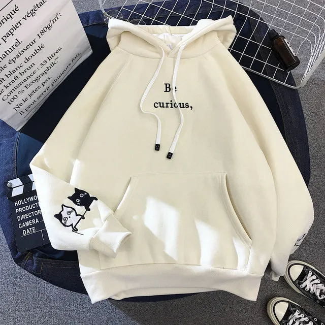Harajuku Cat Printed Long Sleeve Hoodies Women Winter Autumn Plush Fleece Hooded Sweatshirt Cute Patchwork Pockets Pullover Tops