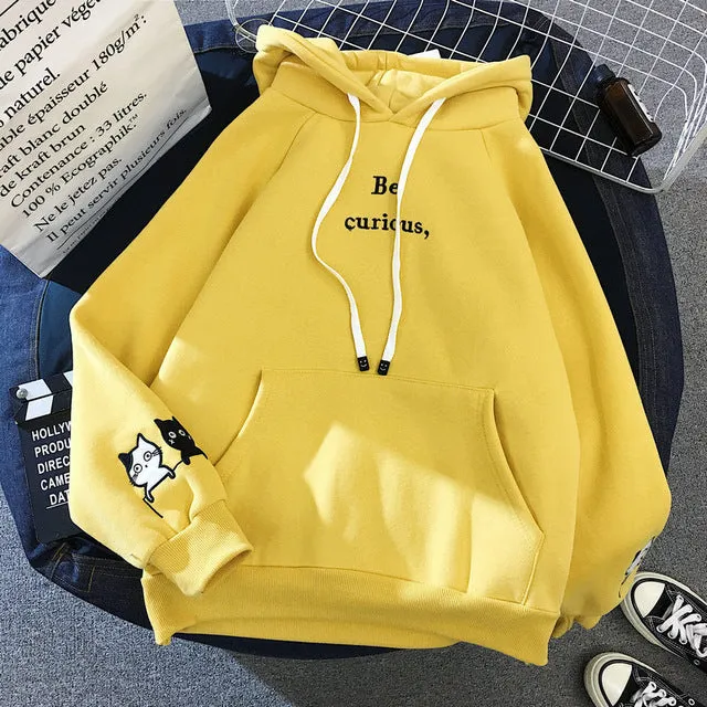 Harajuku Cat Printed Long Sleeve Hoodies Women Winter Autumn Plush Fleece Hooded Sweatshirt Cute Patchwork Pockets Pullover Tops
