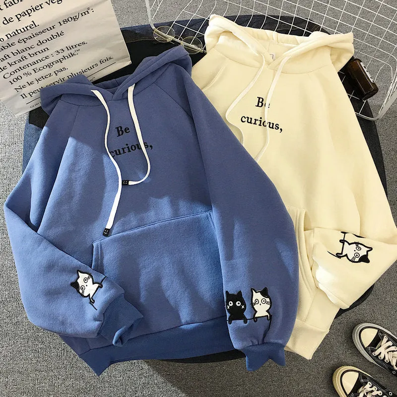 Harajuku Cat Printed Long Sleeve Hoodies Women Winter Autumn Plush Fleece Hooded Sweatshirt Cute Patchwork Pockets Pullover Tops