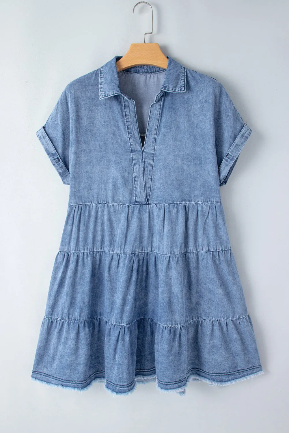 Hazel Blues® |  Raw Hem Collared Neck Short Sleeve Denim Dress