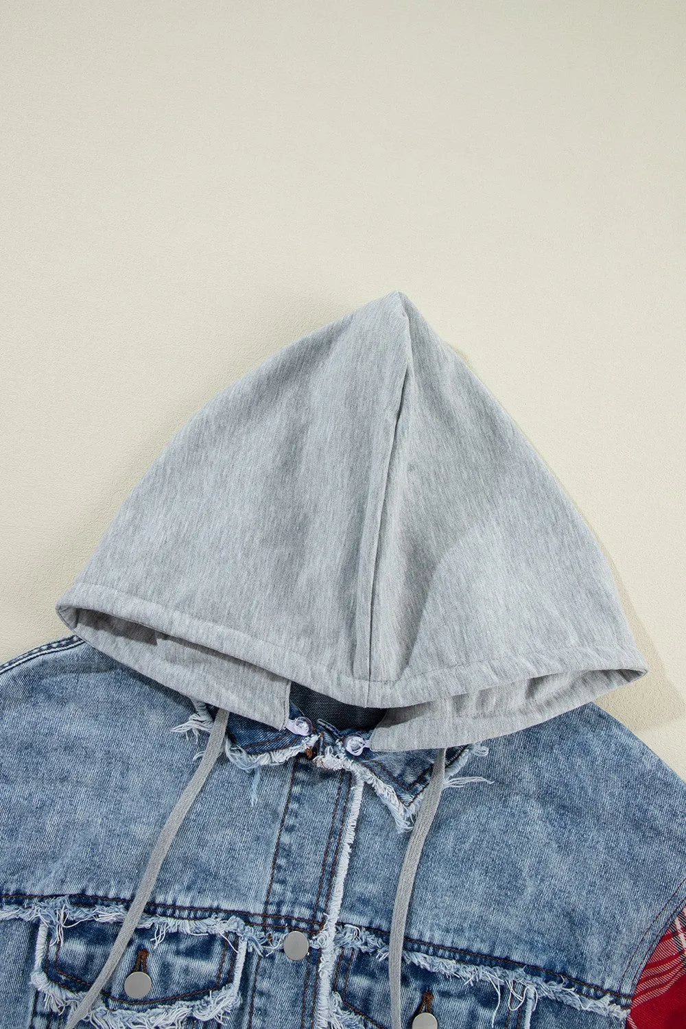 Hazel Blues® |  Raw Hem Drawstring Plaid Denim Jacket