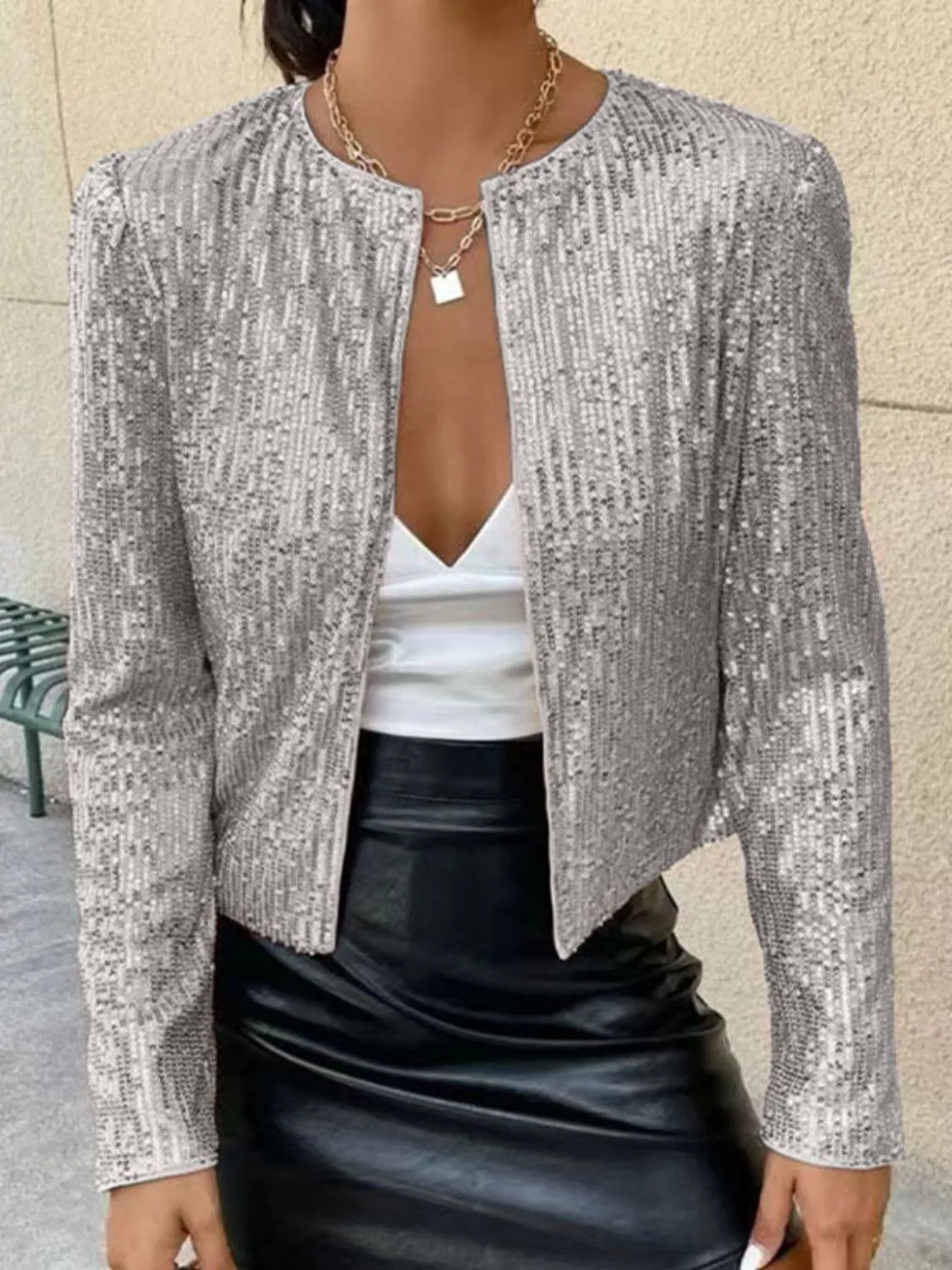 Hazel Blues® |  Sequin Open Front Cropped Jacket
