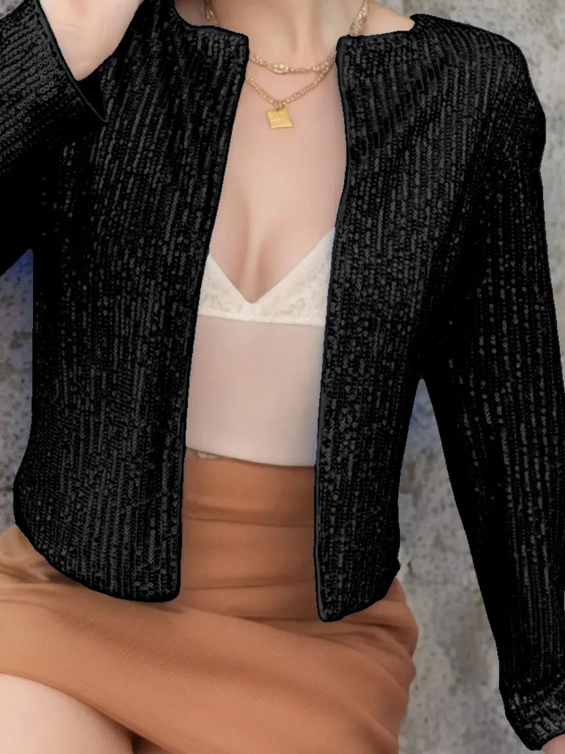 Hazel Blues® |  Sequin Open Front Cropped Jacket