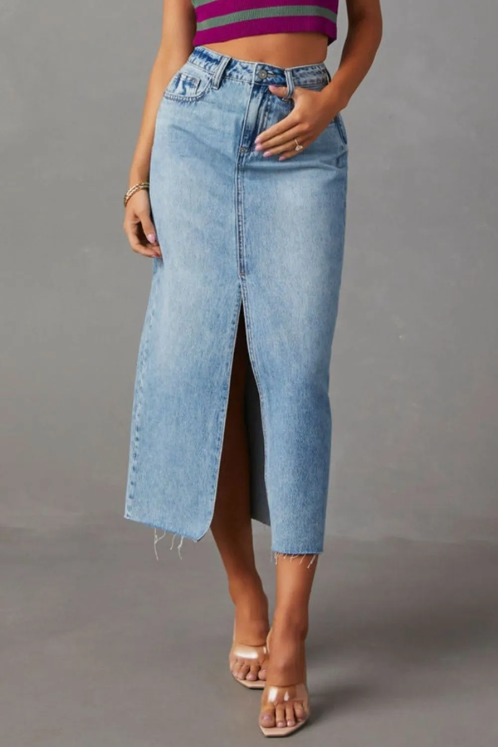 Hazel Blues® |  Slit Raw Hem Midi Denim Skirt