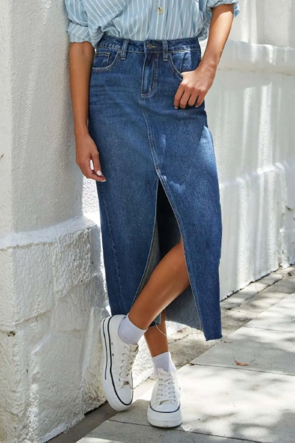 Hazel Blues® |  Slit Raw Hem Midi Denim Skirt