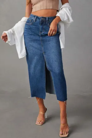 Hazel Blues® |  Slit Raw Hem Midi Denim Skirt
