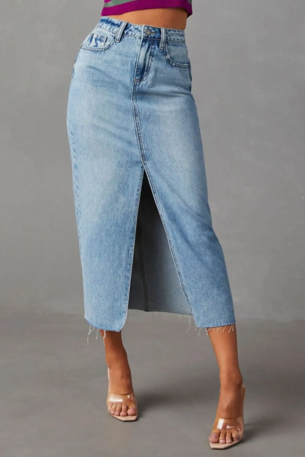 Hazel Blues® |  Slit Raw Hem Midi Denim Skirt