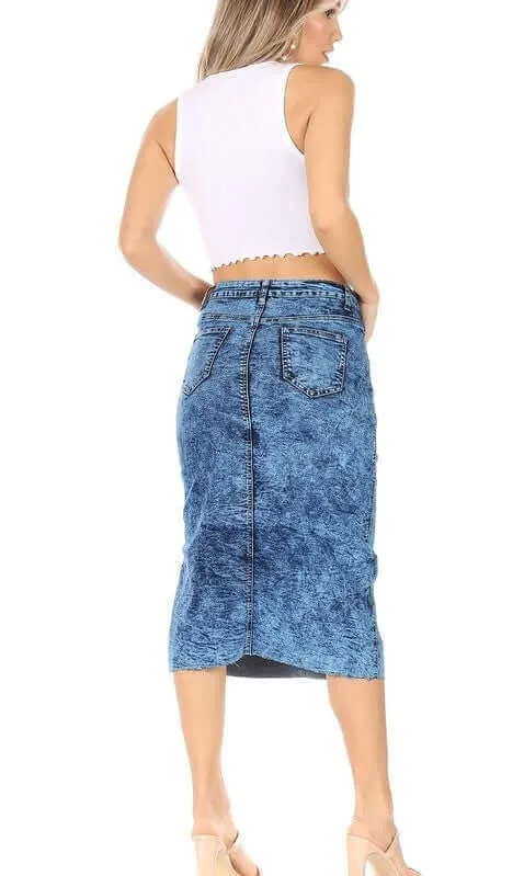 Here to Stay Acid Washed Raw Hem Denim Midi Skirt