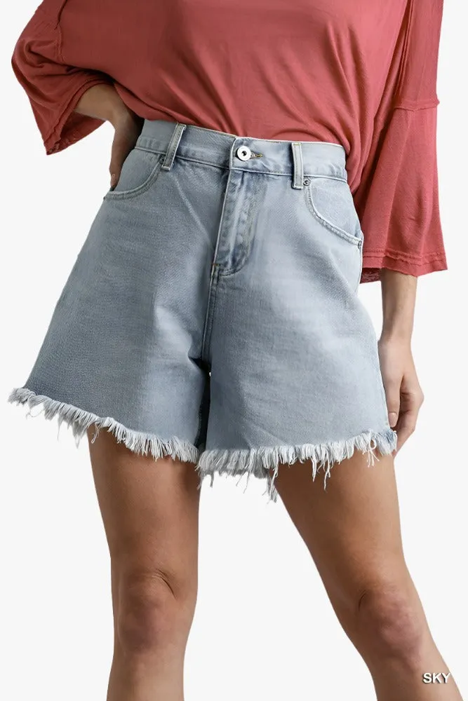 High Rise Denim Shorts With Raw Hem