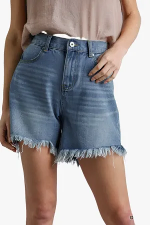 High Rise Denim Shorts With Raw Hem