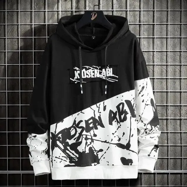 High Street Print Hoodie Men New Patchwork Hoodies Men's Hip Hop Hooded Sweatshirt Men's Sweatshirt Streetwear Loose Personality Letter Print Patchwork Hoodie