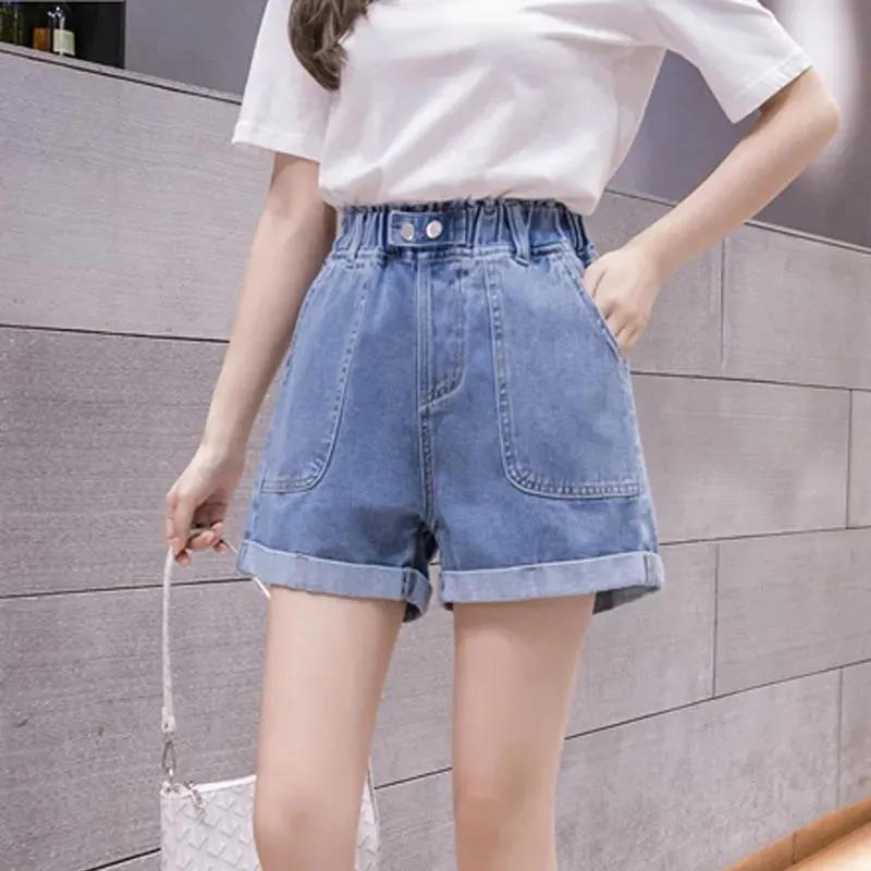 High Waist Denim Shorts Women's Elastic Waist Outer Wear A-line Wide-leg Shorts Women's Denim Shorts Adjustable Waist