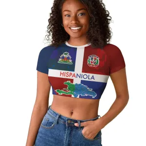 Hispaniola Raglan Cropped T shirt Haiti and Dominican Republic Emblems and Flag Style LT03