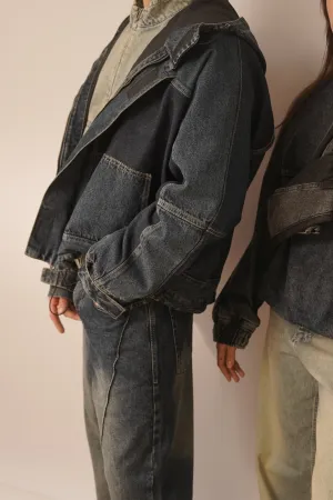 Hooded Trucker Jacket in Navy Blue