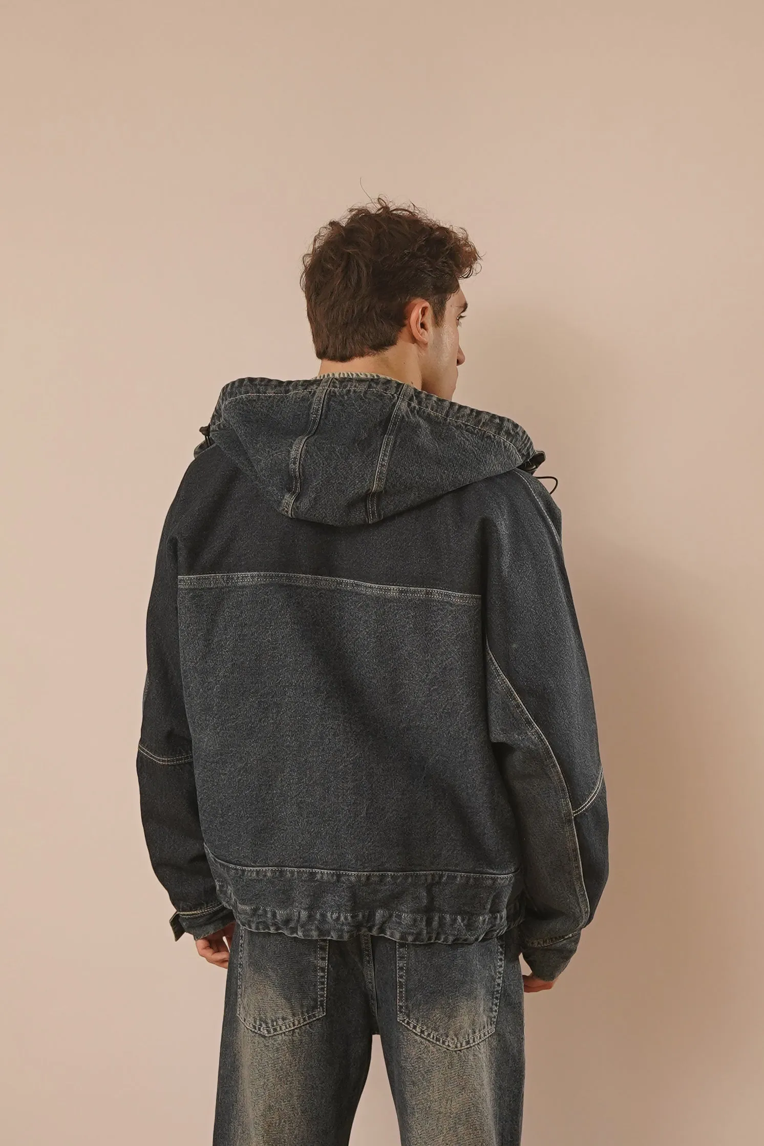 Hooded Trucker Jacket in Navy Blue