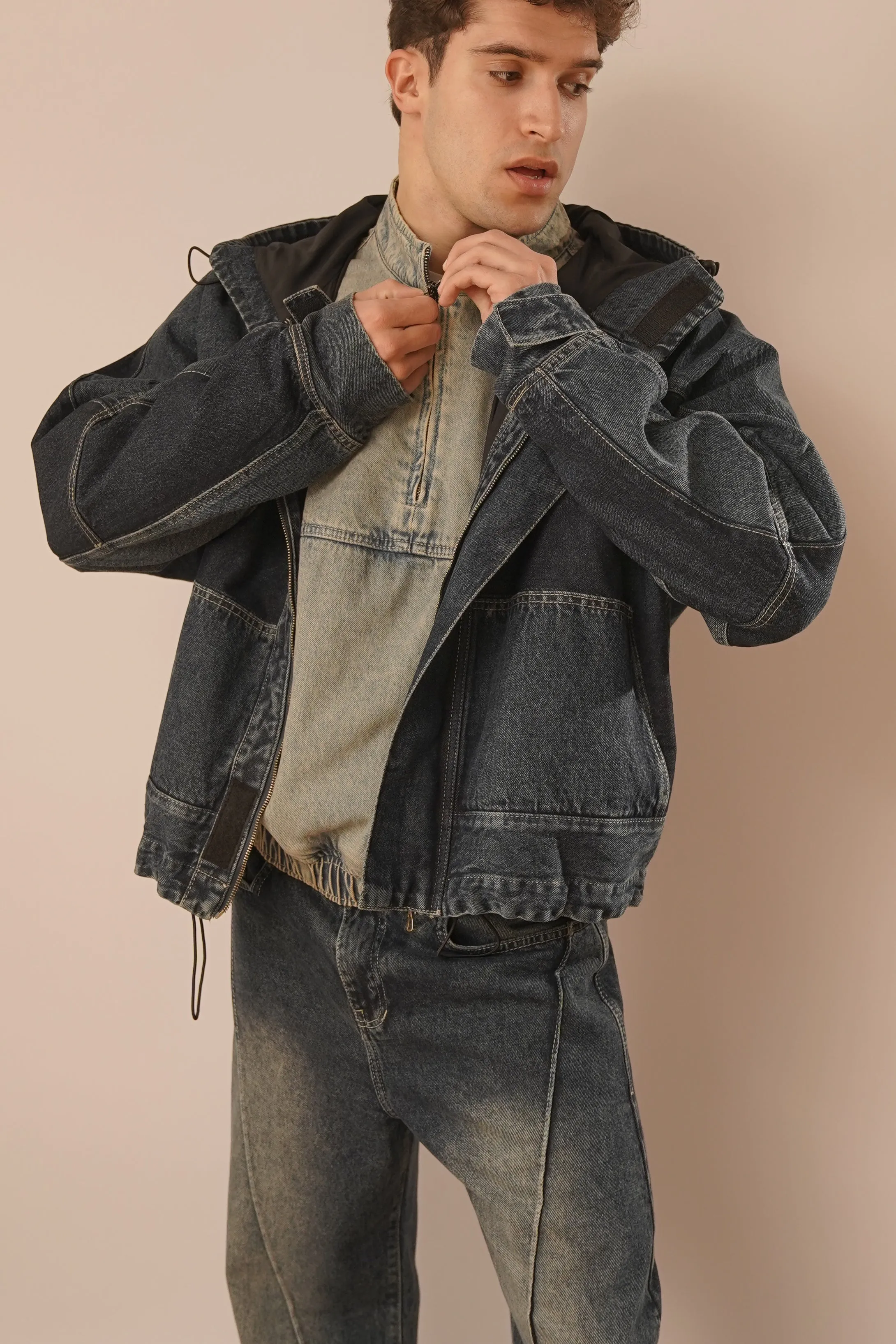 Hooded Trucker Jacket in Navy Blue