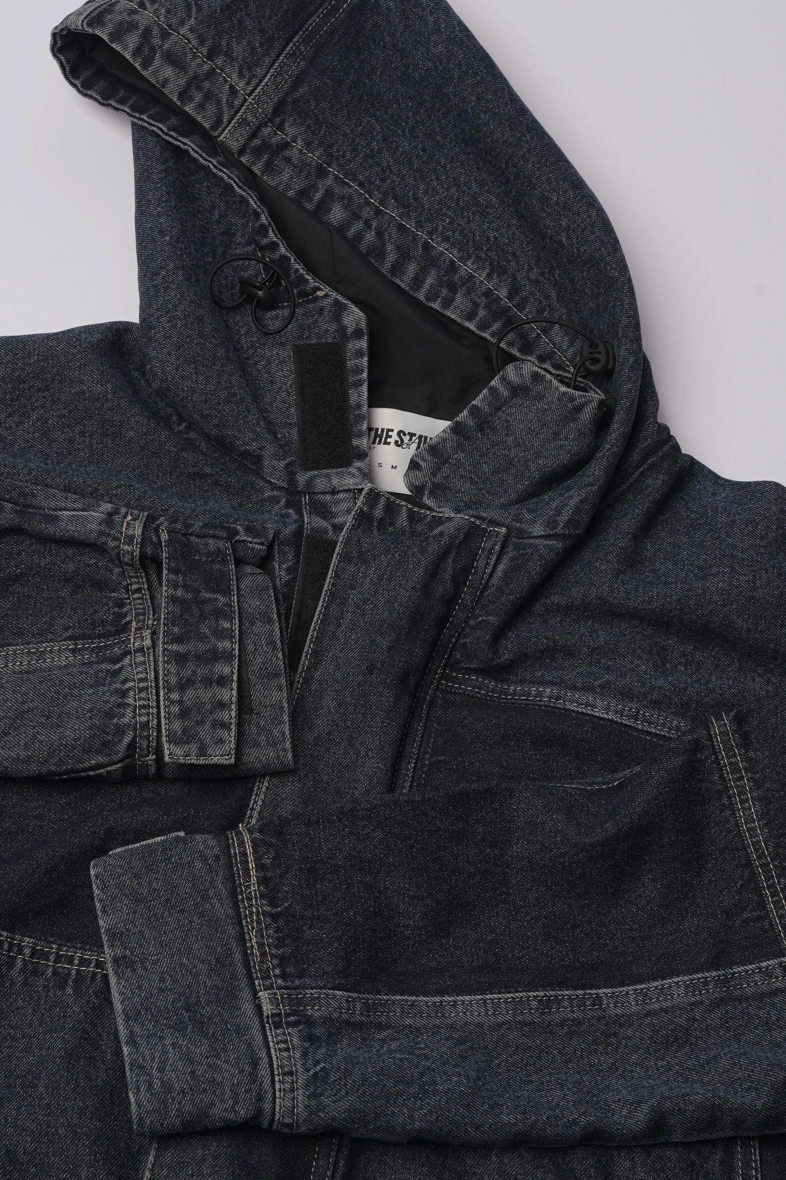 Hooded Trucker Jacket in Navy Blue