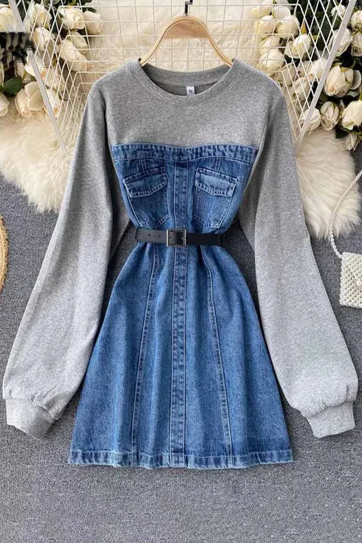 Hoodies Denim Dress Long Sleeve Cotton Patchwork Mini Jeans Dress With Belt