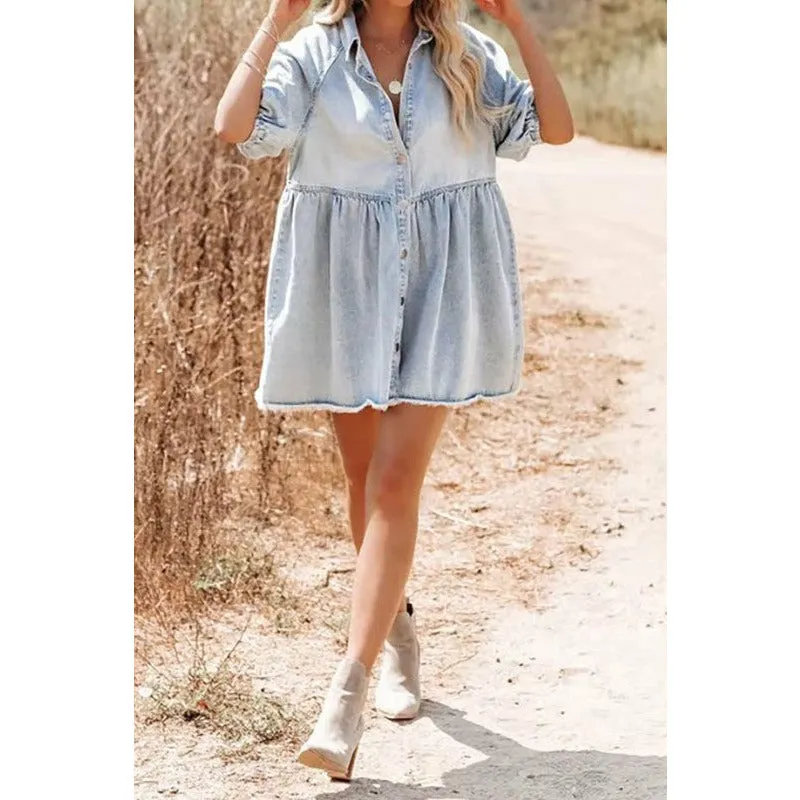 Hopelessly Yours Button Down Denim Dress - Light Denim