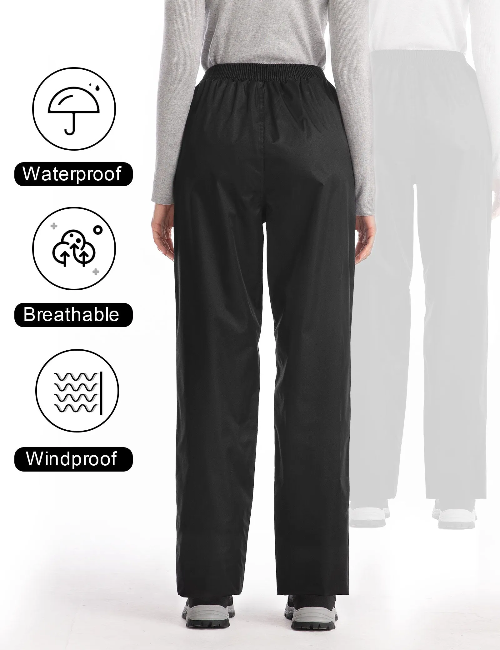 iCreek Women's Rain Pants Waterproof Hiking Pants Windproof Lightweight Over Pants Work Rain Outdoor for Golf, Fishing(Black With Zipper Pockets)
