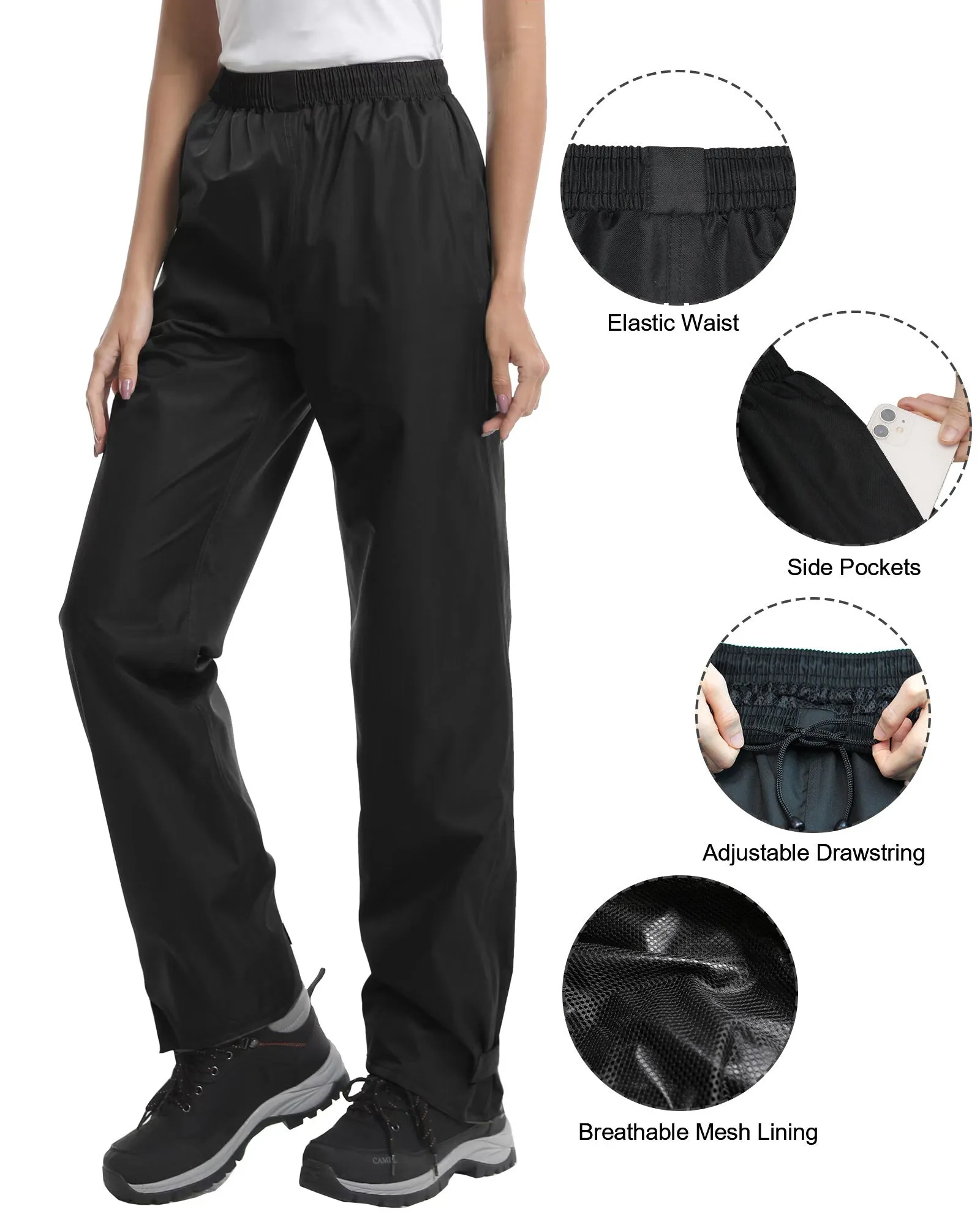 iCreek Women's Rain Pants Waterproof Hiking Pants Windproof Lightweight Over Pants Work Rain Outdoor for Golf, Fishing(Black With Zipper Pockets)