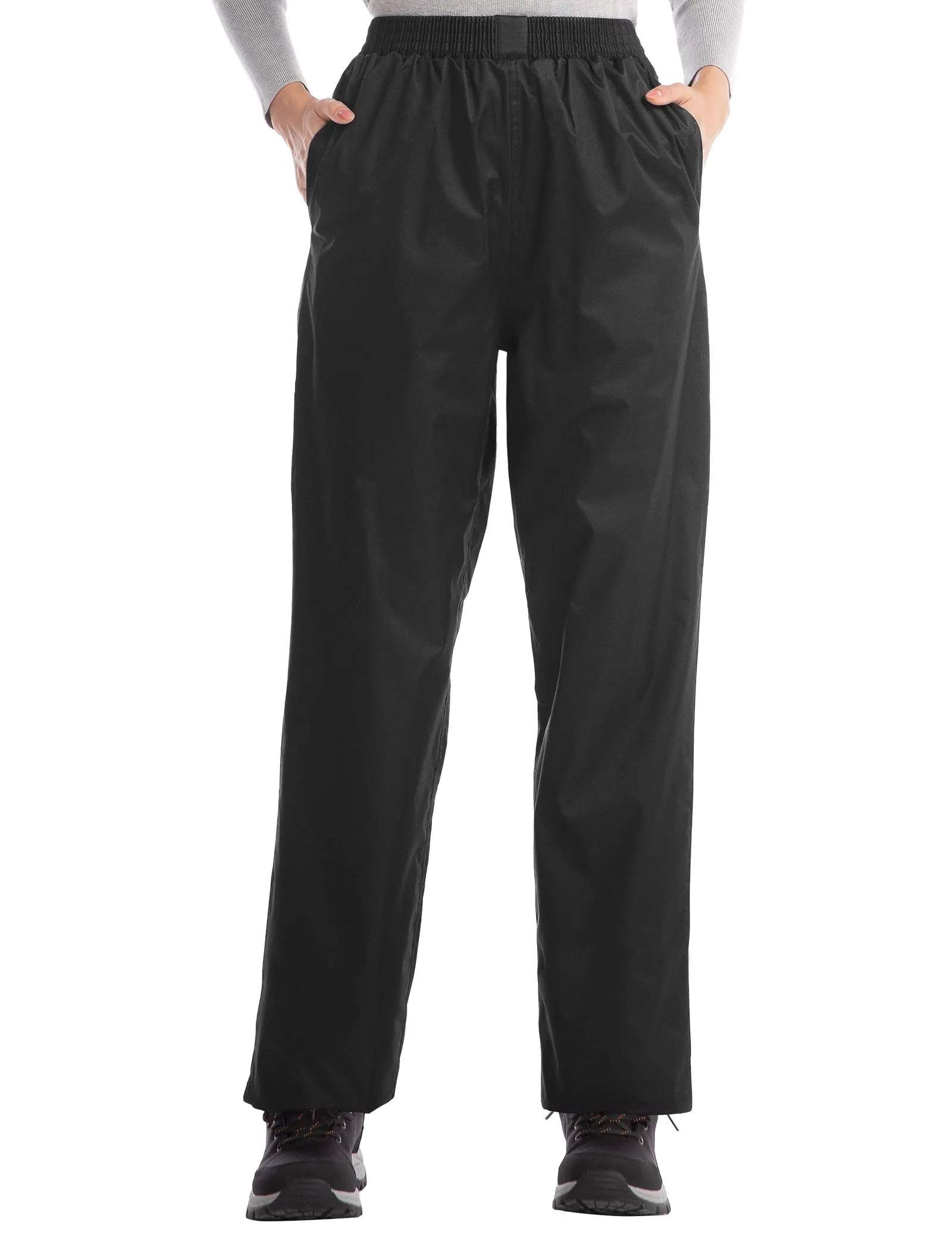 iCreek Women's Rain Pants Waterproof Hiking Pants Windproof Lightweight Over Pants Work Rain Outdoor for Golf, Fishing(Black With Zipper Pockets)