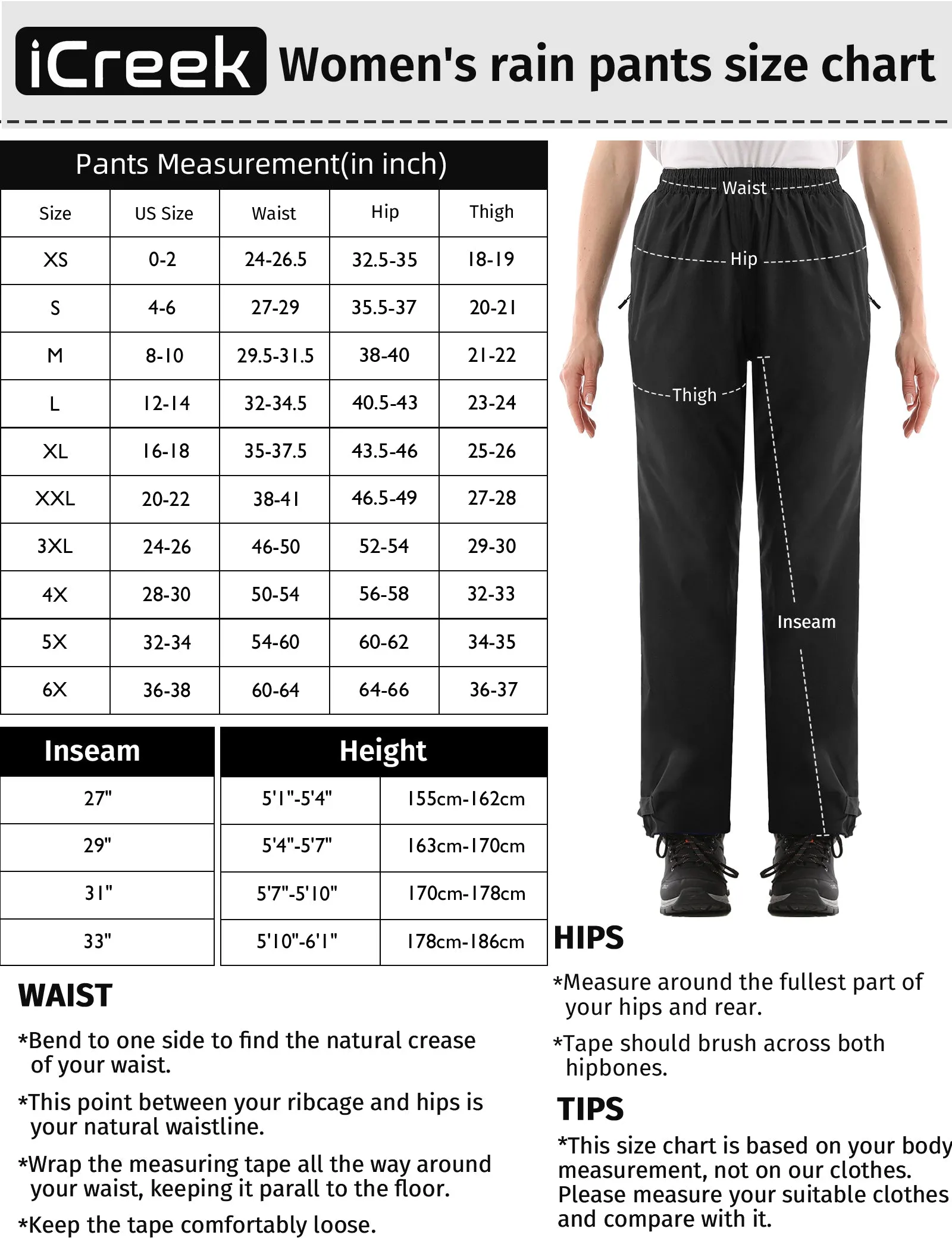 iCreek Women's Rain Pants Waterproof Hiking Pants Windproof Lightweight Over Pants Work Rain Outdoor for Golf, Fishing(Black With Zipper Pockets)