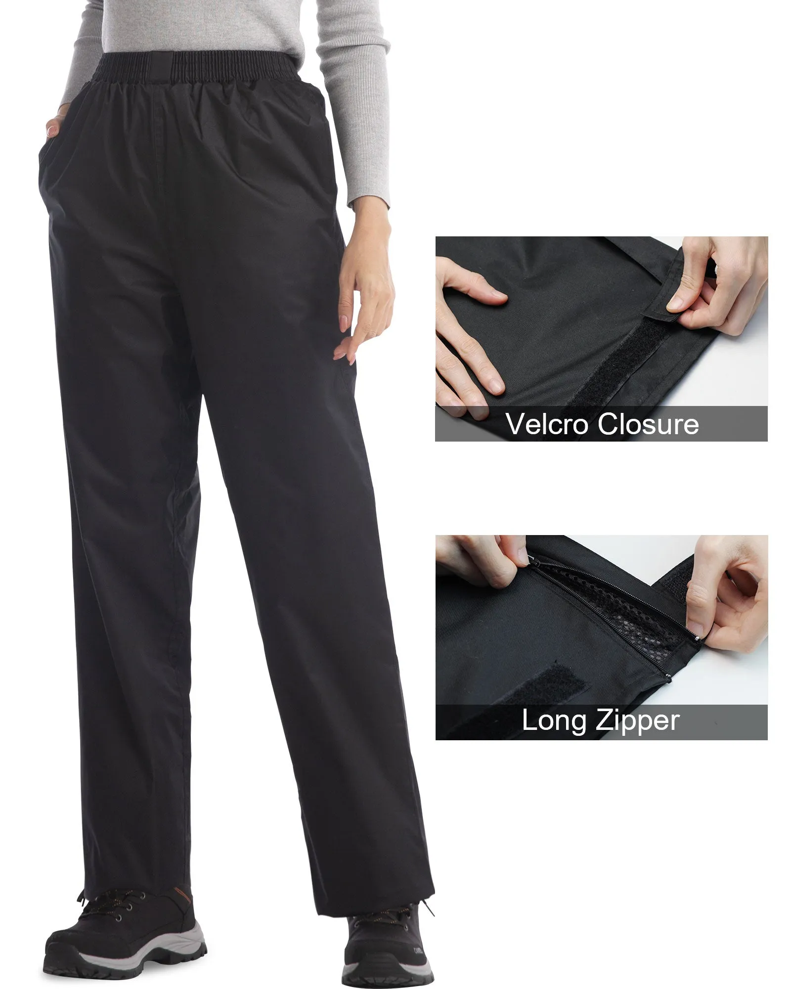 iCreek Women's Rain Pants Waterproof Hiking Pants Windproof Lightweight Over Pants Work Rain Outdoor for Golf, Fishing(Black With Zipper Pockets)