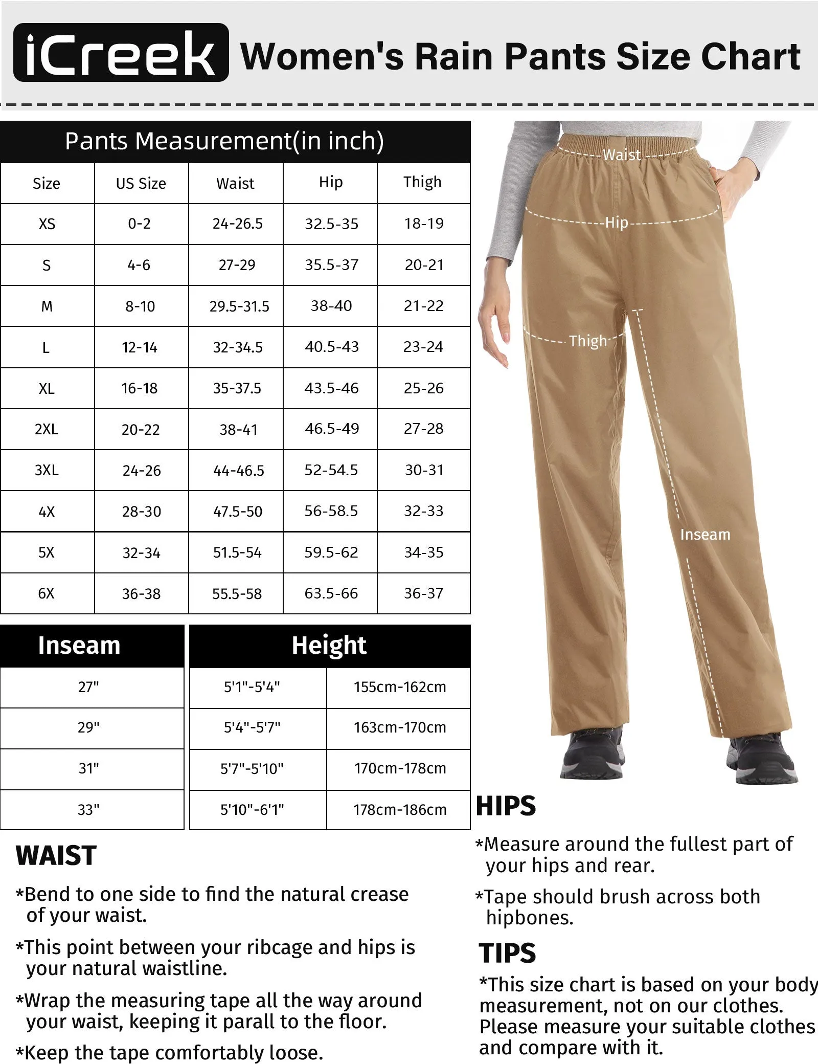 iCreek Women's Rain Pants Waterproof Hiking Pants Windproof Lightweight Over Pants Work Rain Outdoor for Golf, Fishing(Khaki With Pocket)