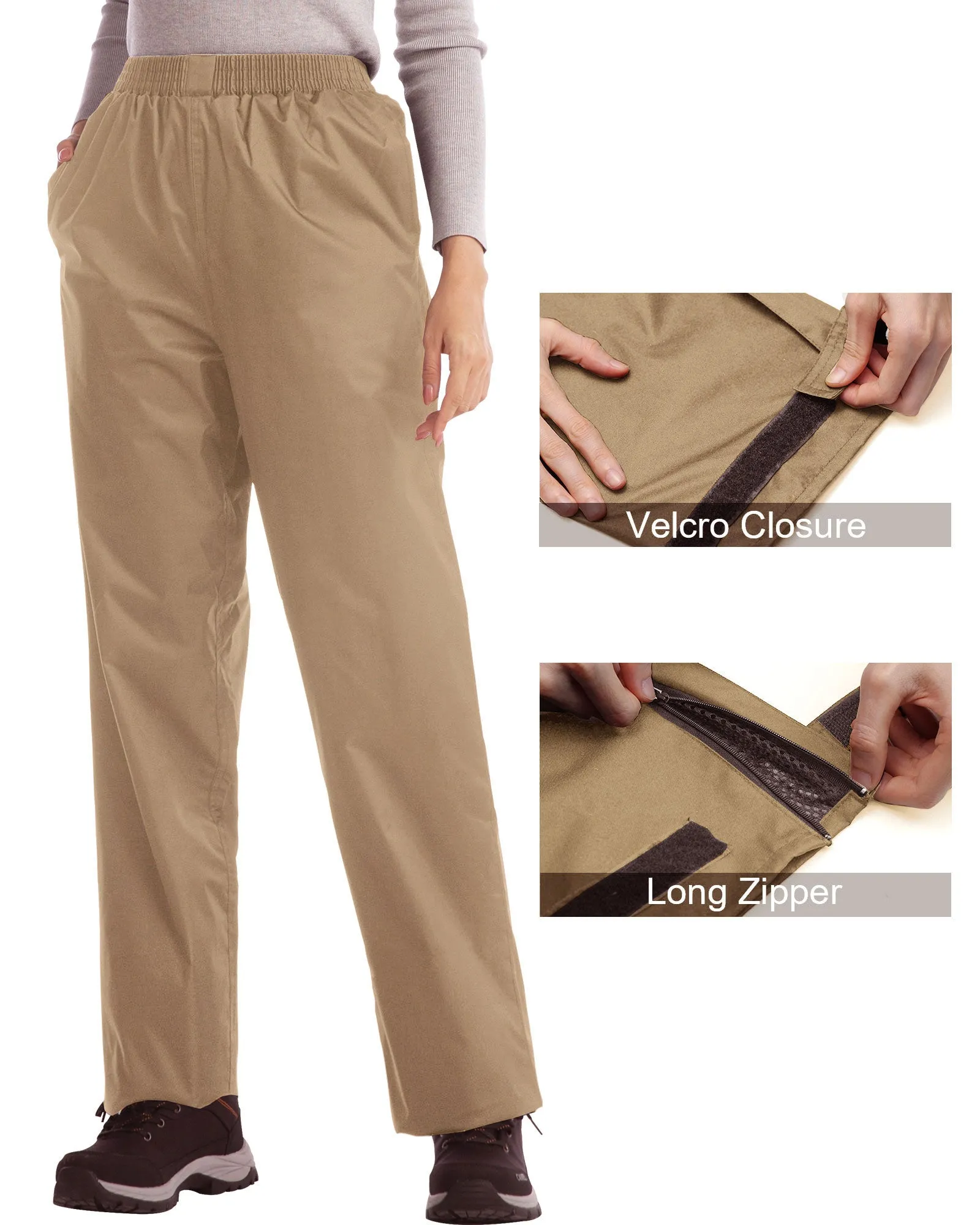 iCreek Women's Rain Pants Waterproof Hiking Pants Windproof Lightweight Over Pants Work Rain Outdoor for Golf, Fishing(Khaki With Pocket)