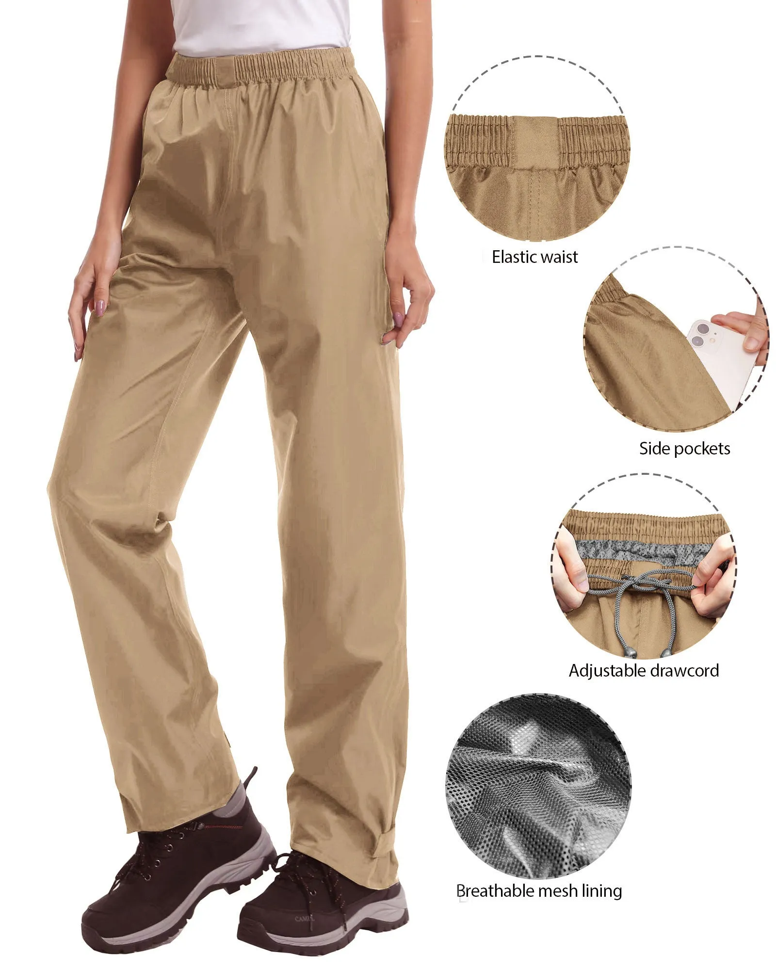 iCreek Women's Rain Pants Waterproof Hiking Pants Windproof Lightweight Over Pants Work Rain Outdoor for Golf, Fishing(Khaki With Pocket)