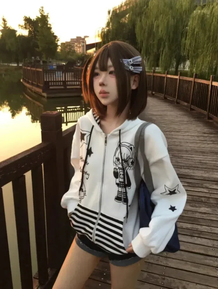 Japanese Cartoon Print Hoodies Women Casual Loose Stripe Patchwork Y2k Aesthetic Zipper Sweatshirt Vintage Gothic Grunge Hoody
