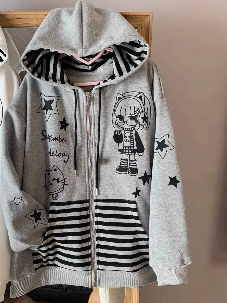 Japanese Cartoon Print Hoodies Women Casual Loose Stripe Patchwork Y2k Aesthetic Zipper Sweatshirt Vintage Gothic Grunge Hoody