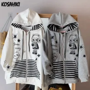 Japanese Cartoon Print Hoodies Women Casual Loose Stripe Patchwork Y2k Aesthetic Zipper Sweatshirt Vintage Gothic Grunge Hoody