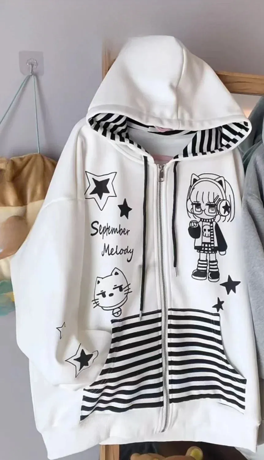 Japanese Cartoon Print Hoodies Women Casual Loose Stripe Patchwork Y2k Aesthetic Zipper Sweatshirt Vintage Gothic Grunge Hoody