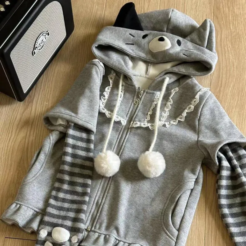 JazzHer Autumn Winter Japanese Style Hooded Sweatshirt Women Sweet Kawaii Patchwork Fake Two Piece Jacket Y2k Vintage Long Sleeve Coats