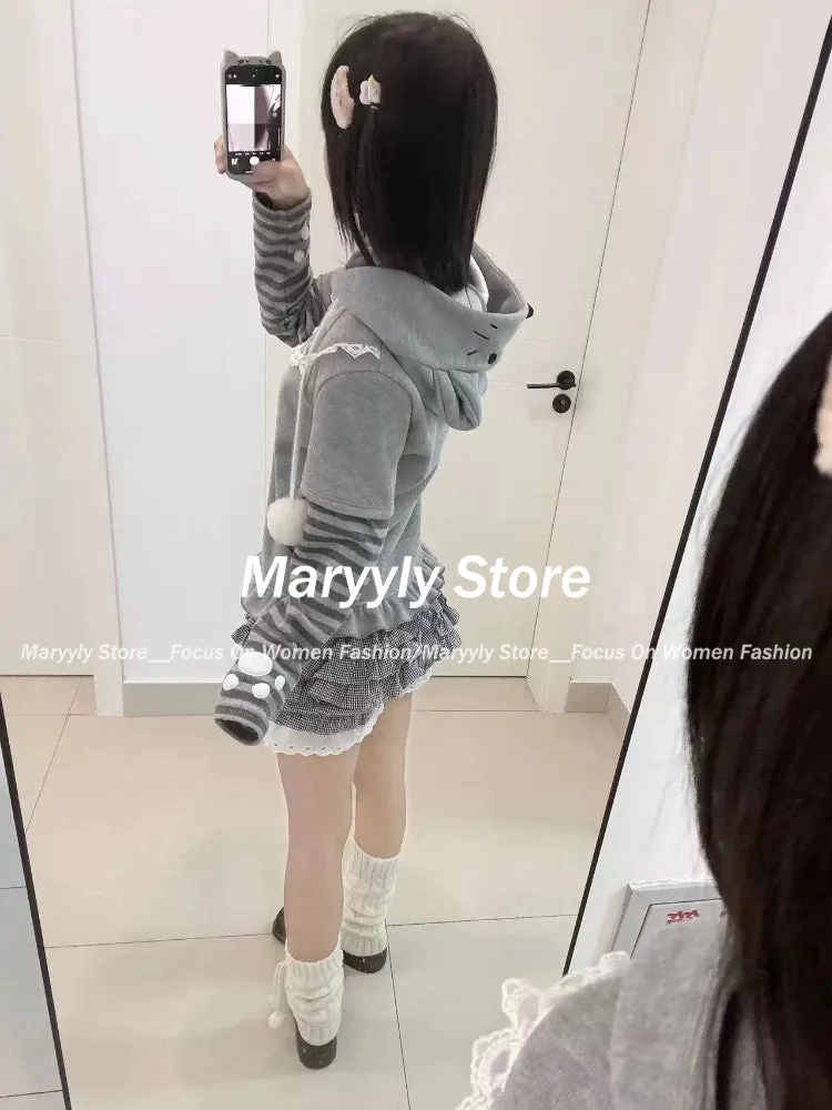 JazzHer Autumn Winter Japanese Style Hooded Sweatshirt Women Sweet Kawaii Patchwork Fake Two Piece Jacket Y2k Vintage Long Sleeve Coats